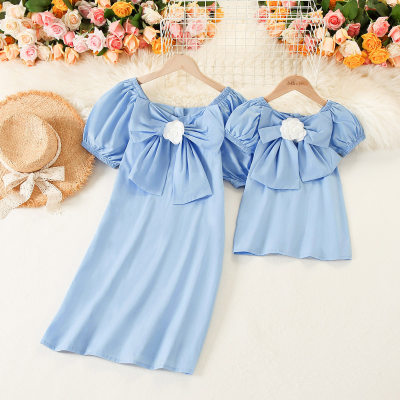 Mom Baby Dress Solid Color Square Neck Puff Sleeve Dress