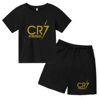 Nuevo traje de camiseta de manga corta holgada informal deportiva estampada para niños a la moda cr7  Negro
