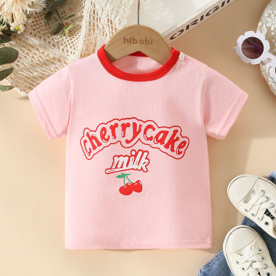 T-shirt manica corta bambina in puro cotone con stampa lettere e ciliegie