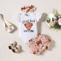 Baby Girls' Three-piece Romper/Pants Set with Bull Head Print and Letters  White