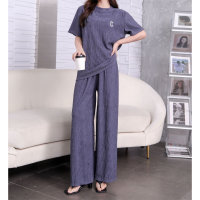Women's two-piece suit with letter embroidery, thin ice silk home wear suit  Gray