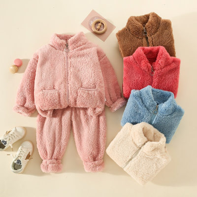 2-piece Toddler Girl Solid Color Pocket Front Stand Up Collar Zip-up Plush Jacket & Matching Pants