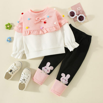 2-piece Toddler Girl Color-block Ruffled Patchwork Bowknot and Dot Decor Long Sleeve T-shirt & Color-block Rabbit Pattern Straight Pants
