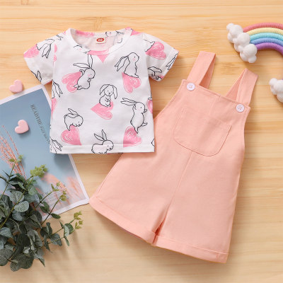 Baby Girl Rabbit Print T-shirt & Solid Color Pocket Front Overalls