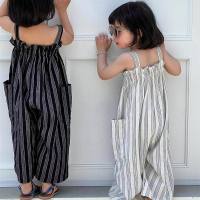 Girls pants vertical stripes double pocket jumpsuit jumpsuit 2024 summer new foreign trade children's clothing  Black
