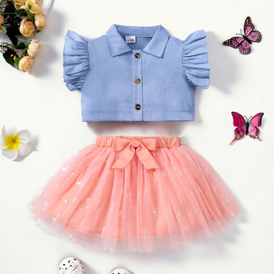Camisa y falda con decoración de nudo de lazo de mariposa dulce para niña pequeña