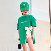 Mädchen-Baumwoll-T-Shirt im koreanischen Stil, kurzärmelig, für den Sommer, modisches Mädchen-Schleifenoberteil, mittlere und große Kinder-Schlitz-Sommer-T-Shirt, trendig  Grün