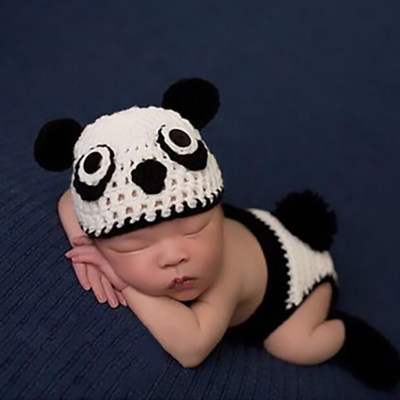 Roupas fotográficas para bebês em formato de panda de 4 peças tricotadas à mão com sapatos