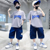 New style medium and large boy suits summer fashionable children handsome children's clothing two-piece suit  Gray