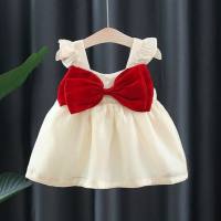 1451 New Summer Products Baby Girl Flying Sleeve Dress Children's Muyunsha Big Bow Dress  Beige