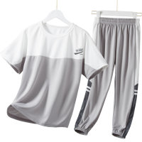 Children's fashionable mesh breathable sports suit with contrasting letters and short-sleeved trousers two-piece suit  Gray
