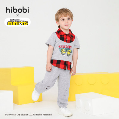 Minions × hibobi Boy Baby طقم بنطلون رمادي مزيف من قطعتين بأكمام قصيرة وطبعات