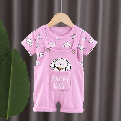 Girls summer short-sleeved suit new style baby full print lamb overalls girl baby summer two-piece suit