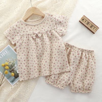 Girls summer short-sleeved suit printed gauze baby girl new pajamas comfortable, cute and breathable girl two-piece set  Beige