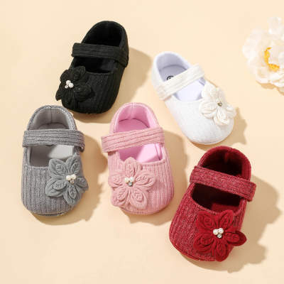 Baby Girl Cotton Fabric Ribbed Solid Color Flower Decor Non-slip Soft Soles Velcro Shoes