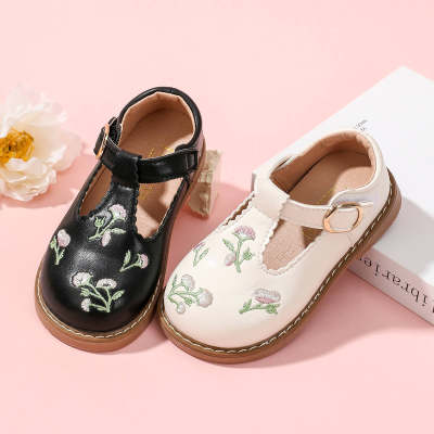 Toddler Girl PU Leather Floral Pattern Buckle Low Heel Shoes