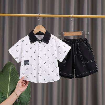 New summer style comfortable and fashionable thin full-print expression shirt short-sleeved suit for small and medium-sized children, fashionable boy short-sleeved suit