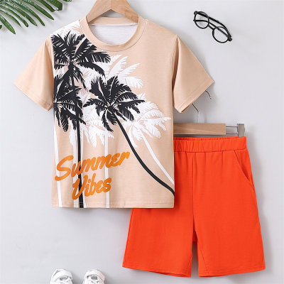 Ropa para niños, tops y pantalones cortos de manga corta, conjunto de dos piezas, camiseta de árbol de coco para playa de verano, conjunto de pantalones cortos