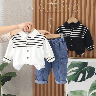 Boys' Fashion Striped Shirt Spring Thin Long Sleeve Lapel Shirt Casual Shirt Jeans Children's Clothing Two-piece Set