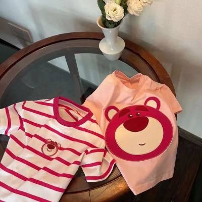 Girls' short-sleeved summer T-shirt children's short-sleeved strawberry bear cartoon embroidered tops fashionable loose clothes for children