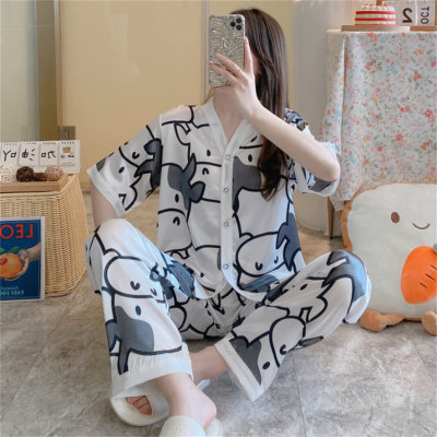 Women's 2 piece Ice Silk Print Pattern Pajama Set