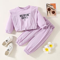 2-piece Toddler Girl Letter Printed Sweatshirt & Solid Color Pants  Purple