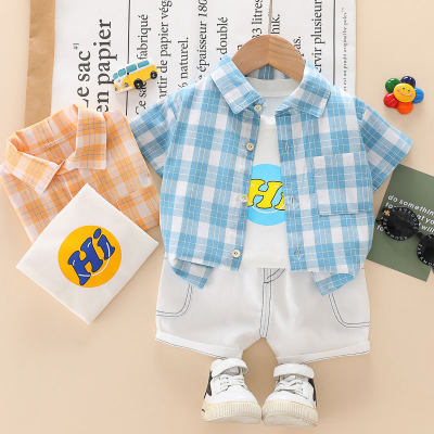 Toddler Boy Letter Pattern Vest & Plaid Shirt & Solid Color Shorts