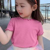 Kurzarm-T-Shirt aus Eisseide, neue koreanische Version, Mädchen und Babys, vielseitige Sommerkleidung, gestreifte, stilvolle Oberteile mit Pilzkanten für Kinder und Kinder mittleren Alters  Rosa
