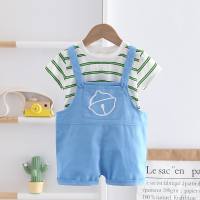 New boys and girls round neck casual short sleeve denim overalls  Blue