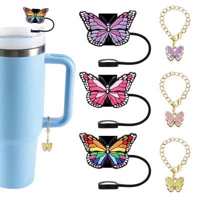 Colgante de taza con cadena de mariposa, accesorios para bolso, pegamento suave de dibujos animados, tapa antipolvo, cubierta de paja