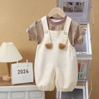 Summer short-sleeved suits for boys and girls, new style, infant suspenders, two-piece suits, Korean style, going out clothes  Beige
