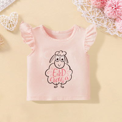 Camiseta Eid al-Adha com estampa de ovelha e manga voadora para meninas de verão