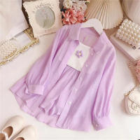 Three-piece girls sun protection suit spring and summer children's girls long-sleeved thin suspenders shirt shorts  Purple