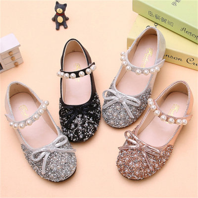 Kid Girl Sequin Bowknot and Bead Decor Velcro Shoes