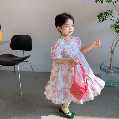 Vestido floral de manga bufante para meninas, vestido de princesa doce, saia para meninas