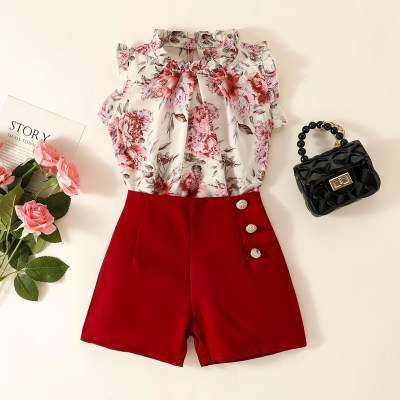 Blusa sin mangas floral elegante para niños pequeños y pantalones con botones delanteros