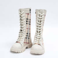 Kid Girl Plaid Patchwork Side Zipper Lace-up Boots  White