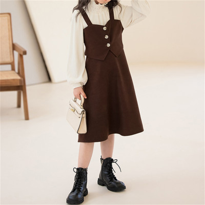 Kid Girl 2 in 1 Color-block Ruffled Stand Up Collar Button Front Patchwork A-line Dress