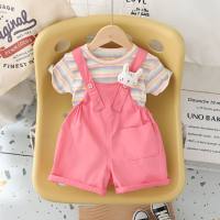 New summer small and medium-sized children's girls three-dimensional rabbit head suspenders short-sleeved suits for girls and infants short-sleeved suits  Pink