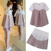 Maternity wear spring and summer striped two-piece suit 2022 new belly-lift pants short-sleeved loose maternity T-shirt top trend  Pink
