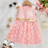 Toddler girl's pink three-dimensional star and moon satin sleeveless dress  Pink