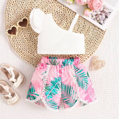 Girls Casual Fly Sleeve Single-piece Camisole Tropical Plant Print Shorts Set