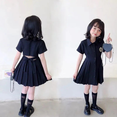 Girls summer dress, baby girl, fashionable backless pleated dress, medium and large children's college style AJ suit skirt
