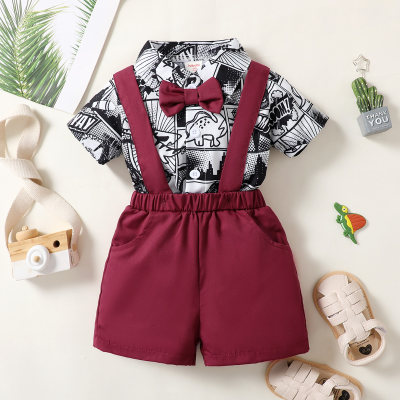 Toddler Boy Cartoon Freehand Sketch Top & Overalls