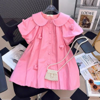 Girls shirt dress summer style 2024 new forest style doll collar love short-sleeved puff sleeve skirt  Pink