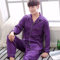 2-piece Men Imitation silk thin ice silk satin Adult pajamas set  Purple