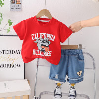 Foreign trade children's suits wholesale 2024 boys' and children's clothing summer clothes new cartoon printed casual short-sleeved T-shirt two-piece set  Red