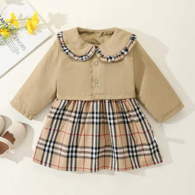 Toddler Lapel Long Sleeve Short Trench Coat & Plaid Sleeveless Dress