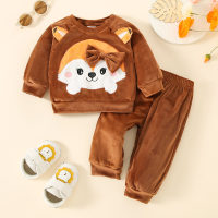 2-piece Baby Girl Solid Color Fox Style Long Sleeve Plush Top & Solid Color Pants  Brown