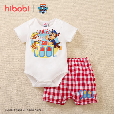 hibobi×PAW Patrol Baby boy Conjunto de mono de manga corta con estampado de dibujos animados y pantalones a cuadros rojos